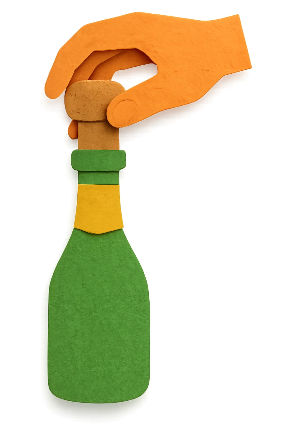 sparkling wine opening step 3: holding cork with hand and slowly twisting, realistic light green champagne bottle color, no background sticker