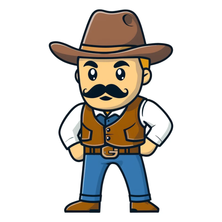 Dutch van der Linde from Red Dead Redemption, charismatic gang leader with mustache, wearing a vest and hat, wild west outlaw sticker
