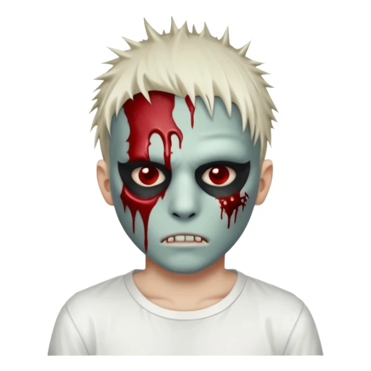 zombie boy with spiky emo hair and white shirt emoji and 

He wears an anonymous mask on half his face and has wounds on the other half. sticker