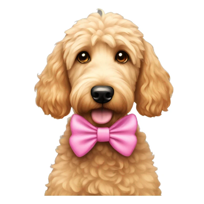 Golden doodle wearing a pink bow sticker