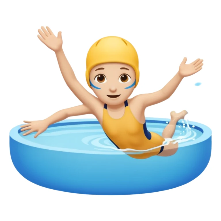 Cute emoji of a swimmer diving into a pool, rounded shapes, friendly style, bright blue water, minimal facial details. sticker