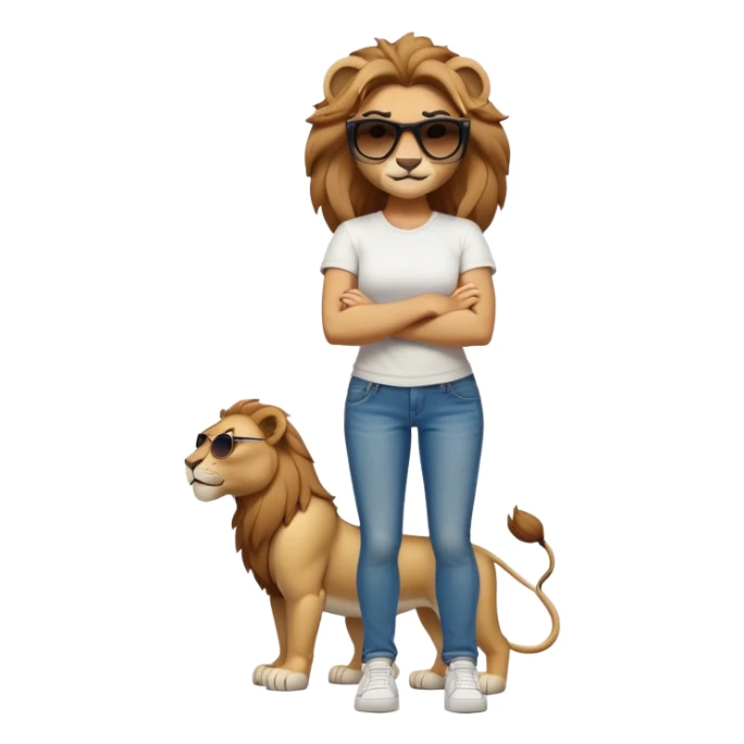 friendly anthropomorphised female lion, full body, standing confidently with legs shoulder width apart, arms folded, wearing jeans, white t-shirt, dark sunglasses, trainers, determined expression sticker
