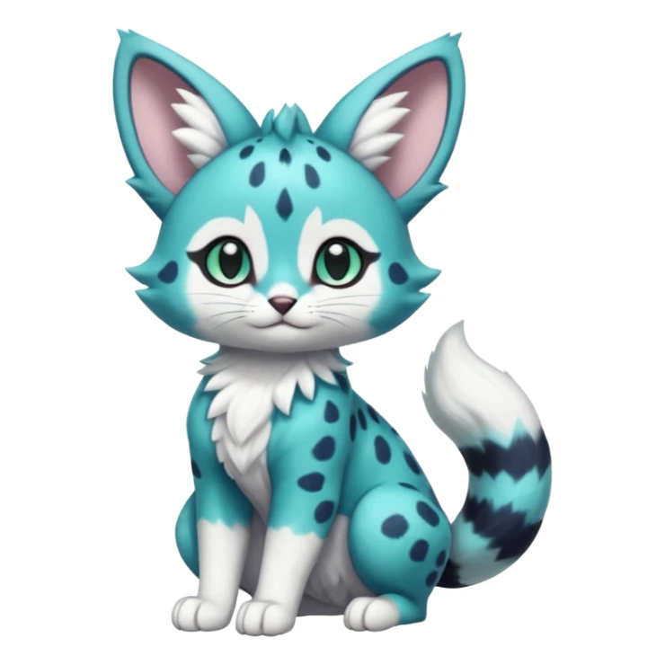 Exotic tropical shiny cute realistic Cobalt-Blue green turquoise black white Purloin-Meowstic-Minccino-Cinccino-serval-furret-Noibat-caracal-fusion-hybrid-creature (full body) sticker