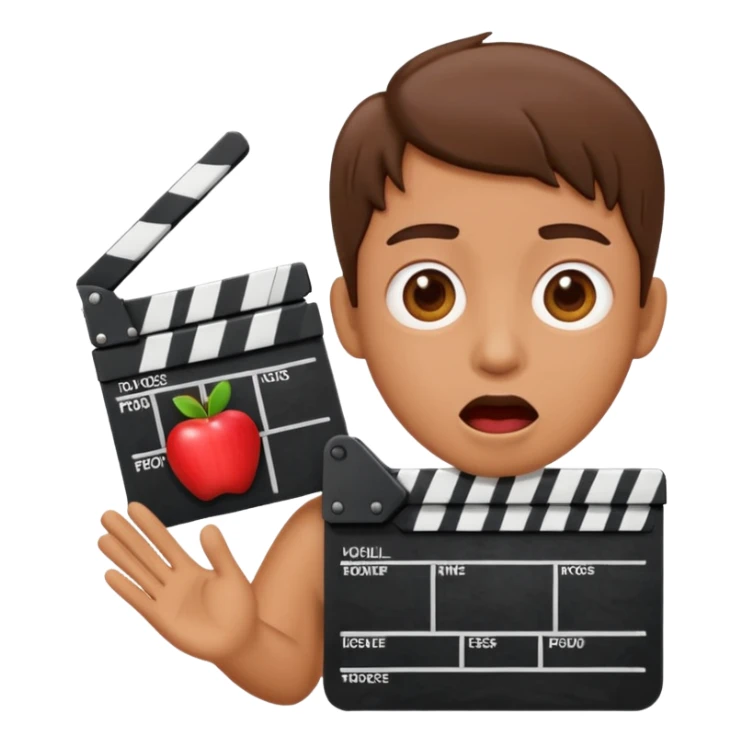 surprised emoji with expressive face, movie clapperboard with a red X, apple emoji style sticker