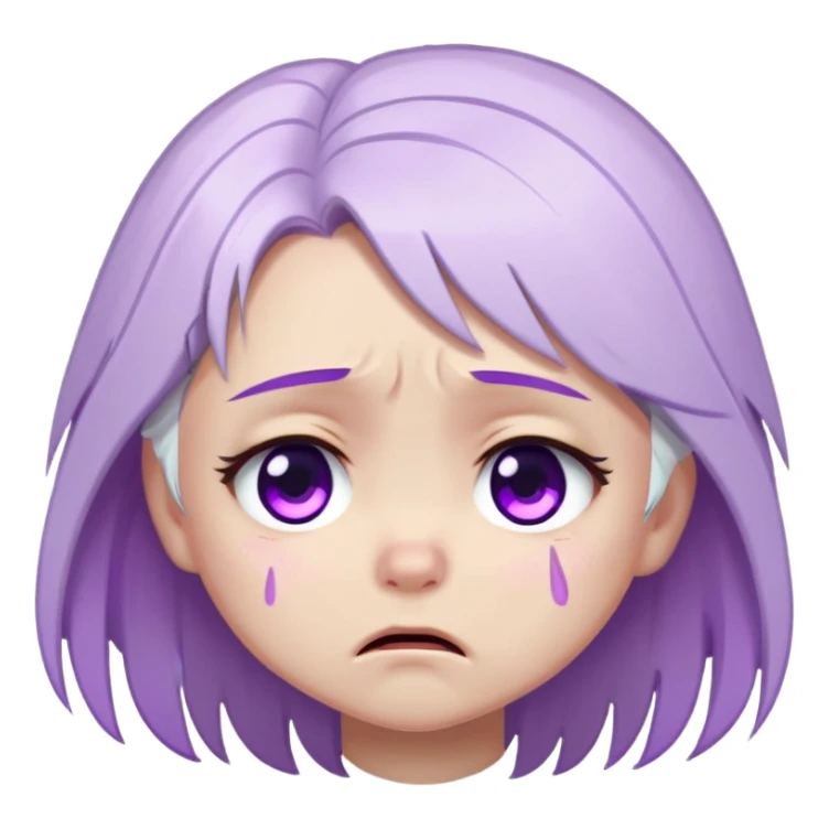 Chibi Sable Ward crying, teary eyes, pouty mouth, tears falling, white hair with purple streaks, fully purple eyes, sad expression sticker