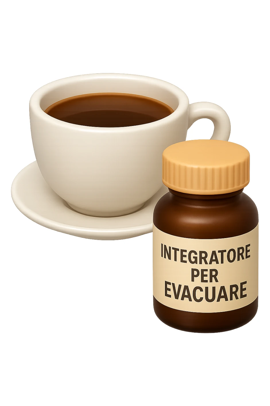 EMOJI STILE IPHONE 3D DI un caffè e di una boccetta di integratore con la scritta "INTEGRATORE PER EVACUARE" SULL'ETICHETTA, iperrealistico 4k sticker