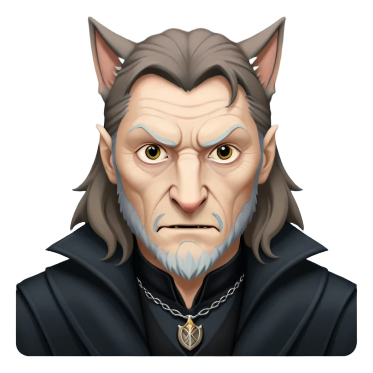 Fenrir Greyback in harry potter, black open chest coat, wolf face, pointed ear sticker