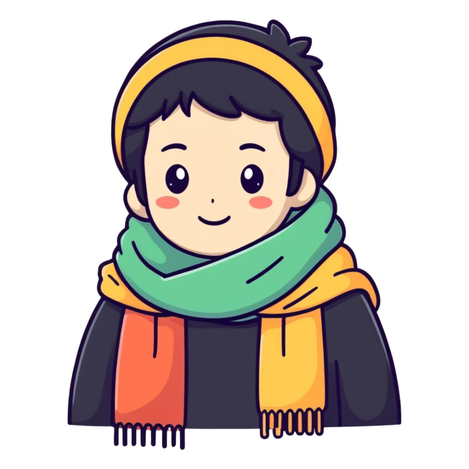 fuzzy scarf, soft and cozy, cartoon sticker style sticker