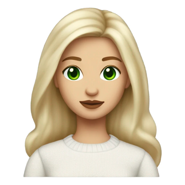 light medium skin, high cheekbone, solo blonde girl with green eyes, medium bust, white sweater, long blow out hair, baddie, middle part, cute,  sticker