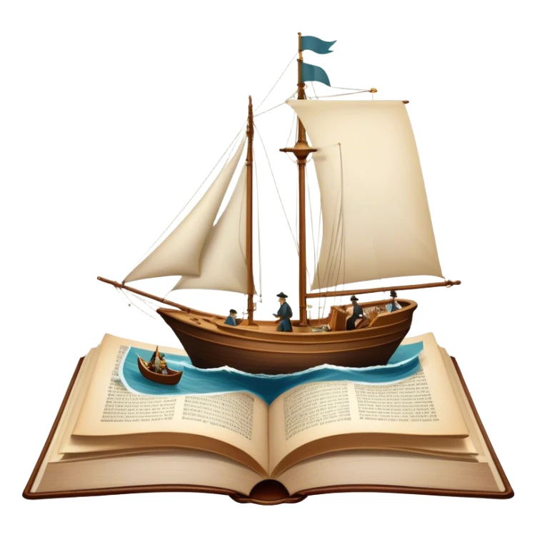 Icon for Reading Fiction: a large open book with pages turning, a sailboat sailing across the pages, Musketeers on horseback, Sherlock Holmes and other literary elements. The icon should evoke the adventurous spirit of storytelling. Transparent background. sticker