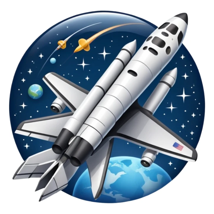 An icon featuring a space shuttle and an airplane against a starry sky, symbolizing aerospace technology. The design includes rocket boosters and satellite orbits, representing the exploration of space and advanced aviation. Transparent background sticker