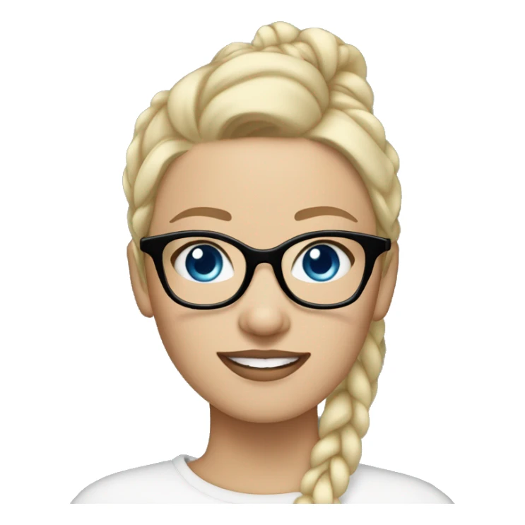 Thin White skinned blonde haired blue eyed woman with black glasses black stud earrings hair in bun sticker