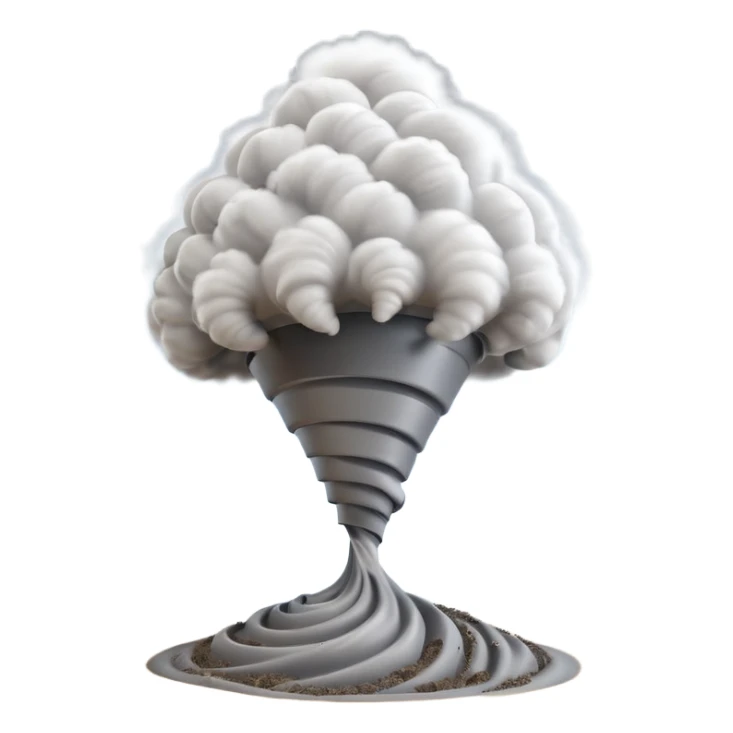 3D render of Tornado, miniature weather phenomenon, volumetric particle effects, swirling dusty grey funnel cloud, elemental energy, emoji style, isolated on white background --v 6.0. sticker