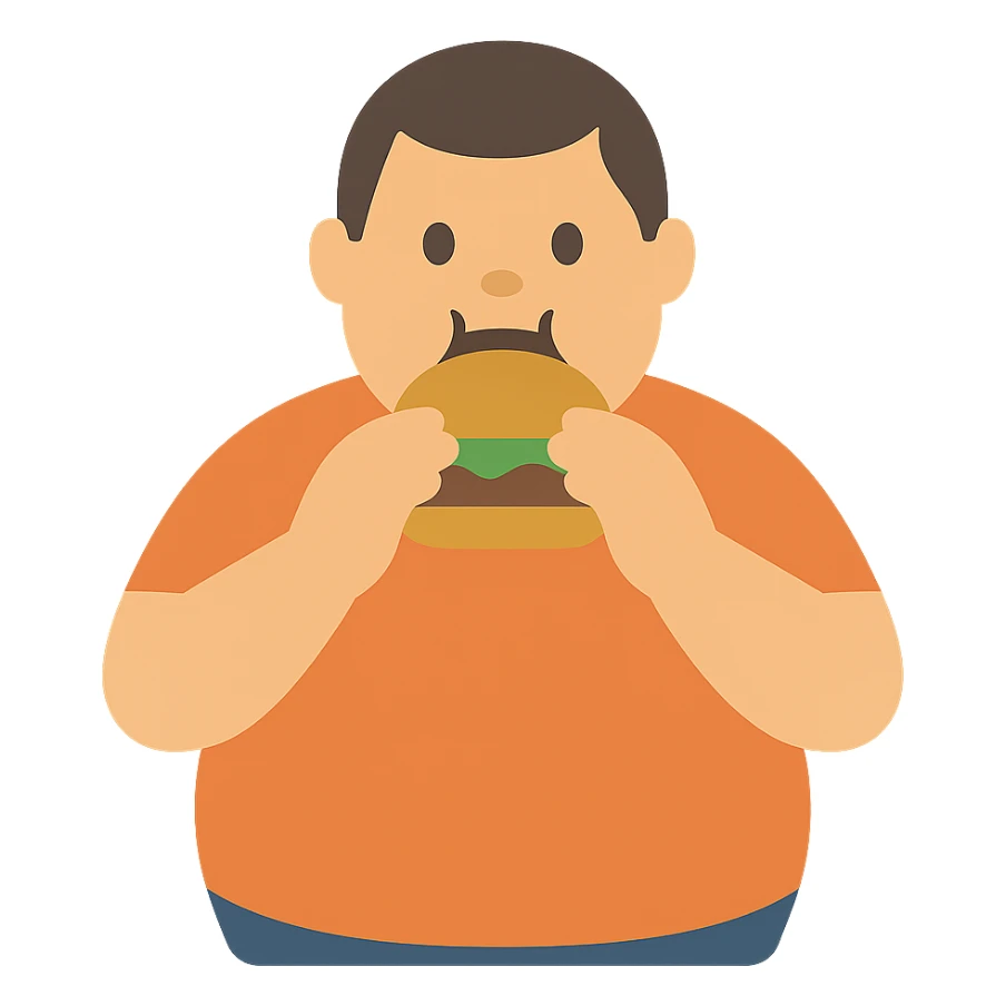fat guy eating burger, color icon style, flat colors, clean lines sticker