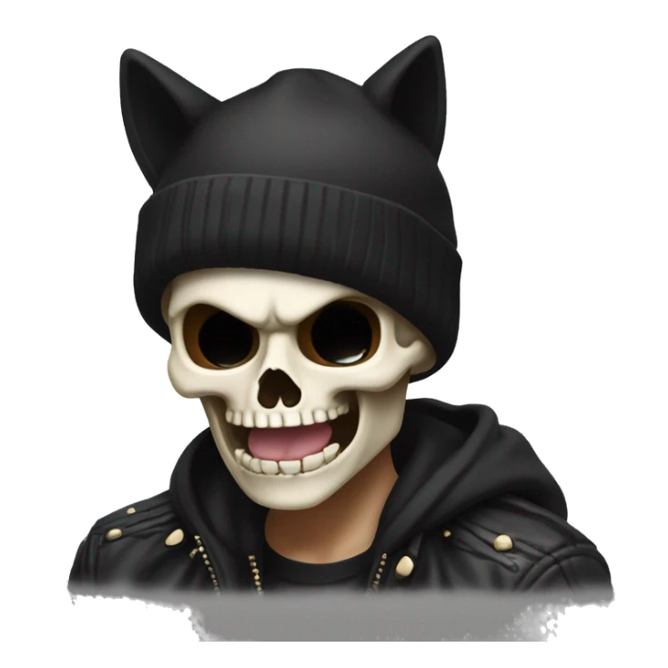 Skull wearing a black beanie with cat ears doing the rock and roll hand sign with his tongue out sticker