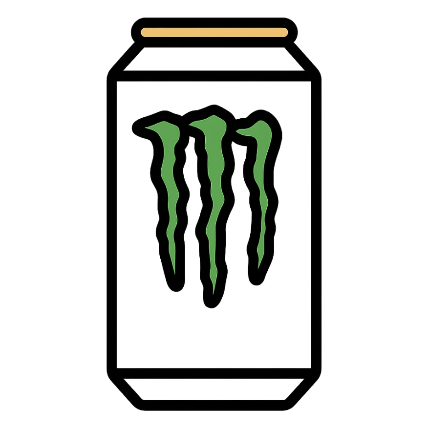 white Monster Energy drink can with bold M logo, minimalistic and clean design sticker