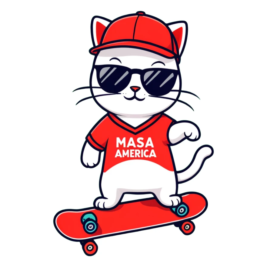 Red baseball cap that says MASA WITH A SKATEBOARD WITH CAPTION THAT SAYS MAKE AMERICA SKATE AGAIN Cat with sunglasses sticker
