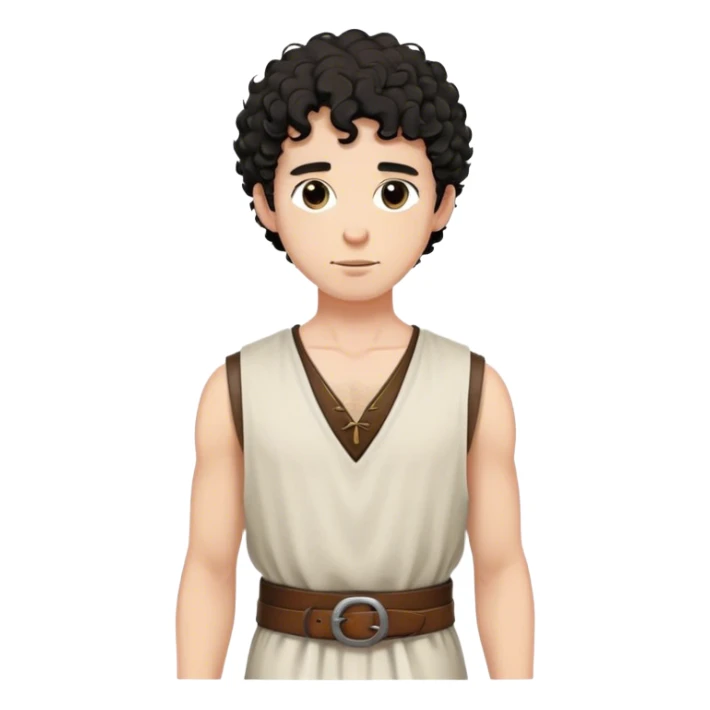 medieval summer outfit worn by a DnD themed fantasy character. basic sleeveless cotton shirt with a loose neckline and a thin leather belt. clothes only above the waist. The clothes full waist. The character's haven't arms. character is black hair, brown eyes, short curly hair, white skinned man. sticker