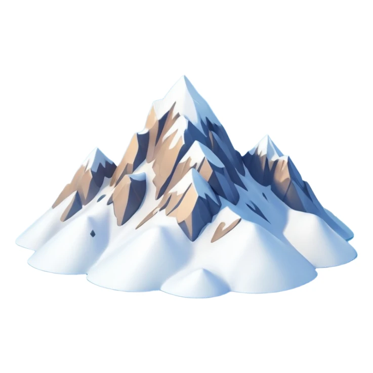 A 3D cartoon snow-covered mountain peak with soft clouds around it, clear blue sky, bright sunlight, smooth textures, Memoji-style rendering. sticker