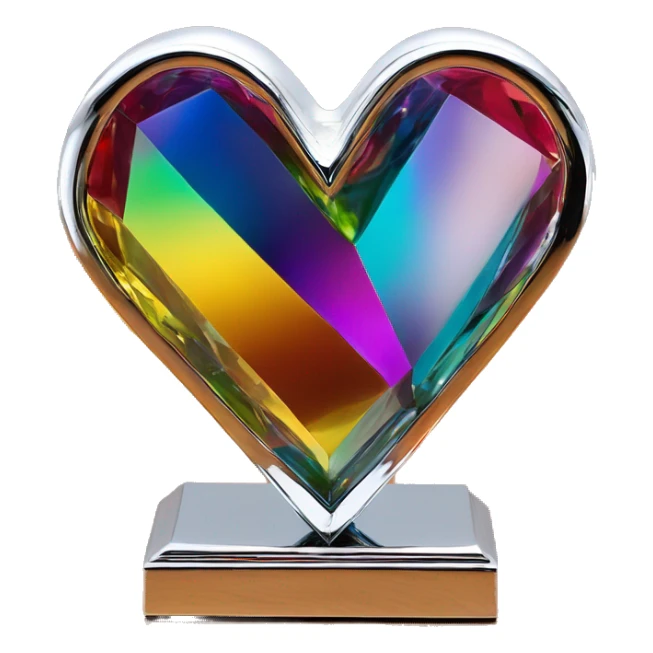 symbolic heart chrome sculpture symbolizing chromatic light with a geometric, faceted design. The heart is standing upright with angular and baroque features. The vibrant rainbow of colors highlights the sharp edges and planes.  sticker