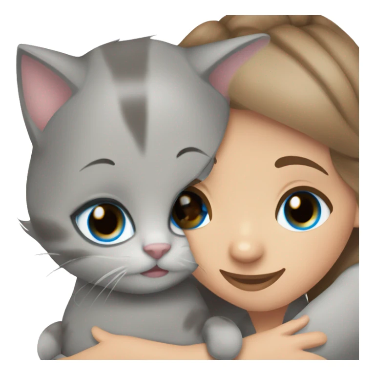 blue eyes grey kitten with two brown hair girls hugs sticker