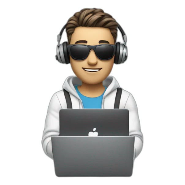 futuristic realistic animated man, video editor with black sunglasses, gray laptop in hand, headphones around his neck sticker