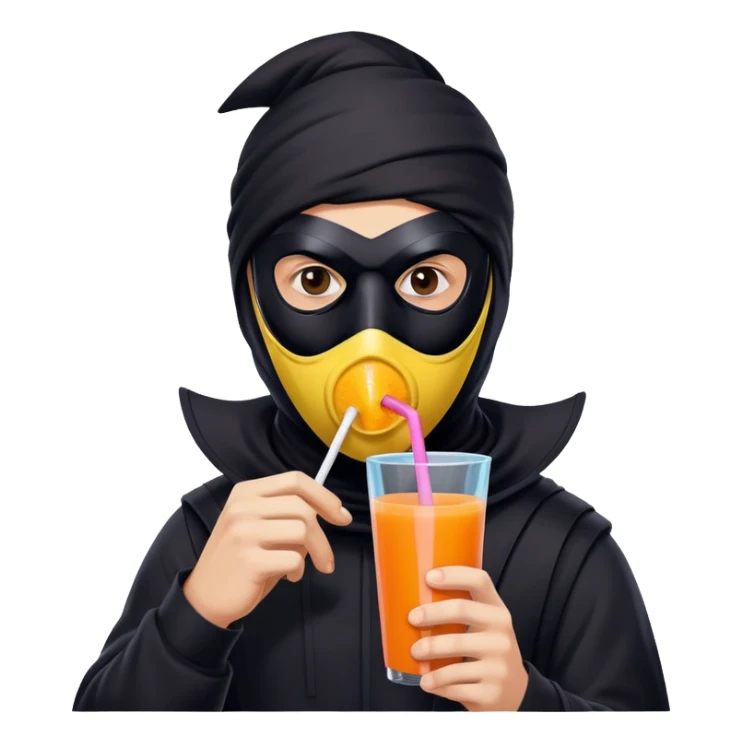 Masked man in dark clothing holding and drinking from a juice box with a straw, comical contrast between serious masked appearance and innocent juice sticker