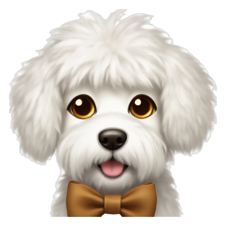 fluffy white dog with brown fur around eyes with bow sticker