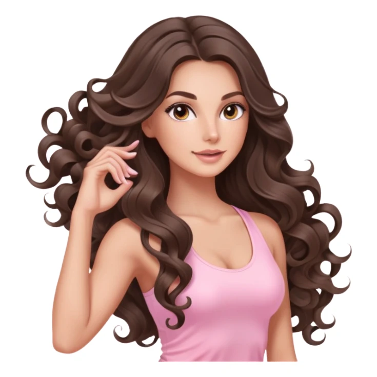 beautiful brunette with a light balayage white girl with nice defined and long curls , very long hair, clean girl makeup STRETCHING IN LIGHT PINK GYM sticker