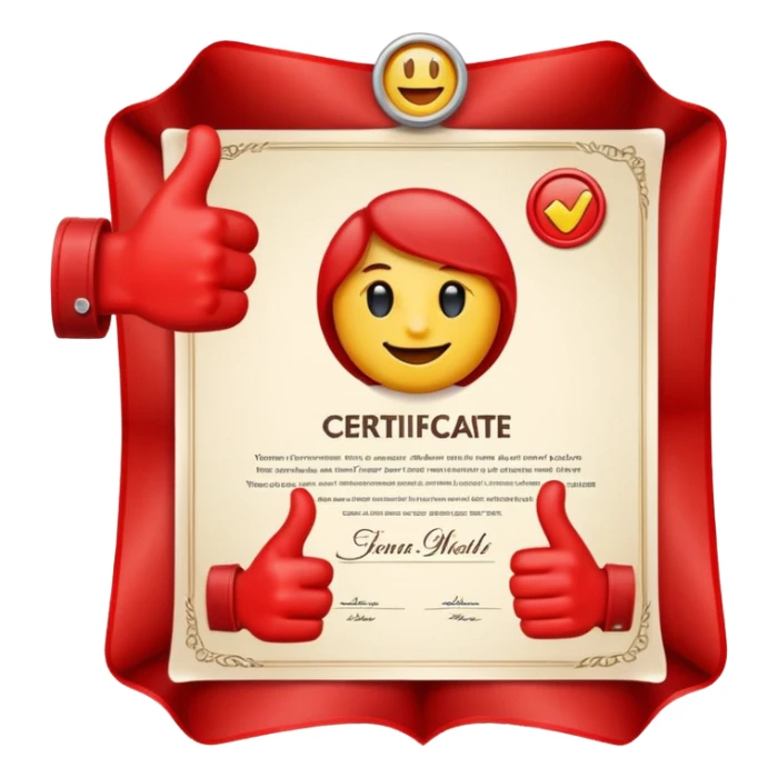 A simple emoji of a certificate document with a seal and a thumbs-up symbol, representing qualification or certification emoji style sticker