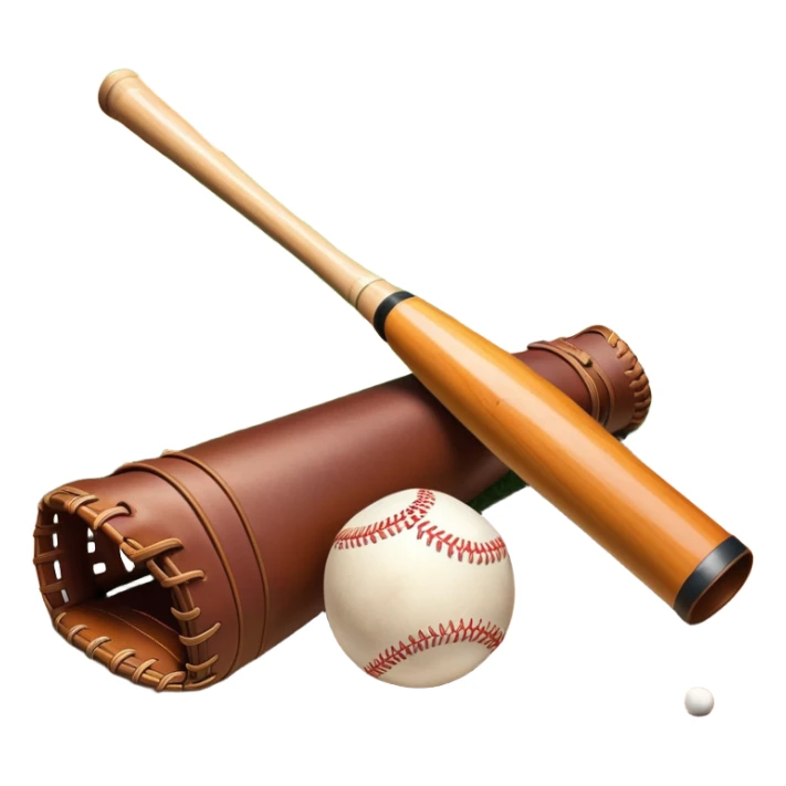 A baseball bat, ball, and glove resting on the ground, set against the backdrop of a baseball field. The scene captures the iconic equipment of the sport, with the field in the distance and a bright sky above, evoking the spirit of the game. sticker