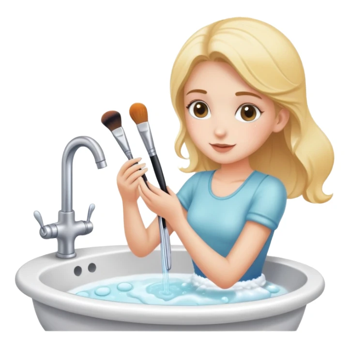 a girl washing brushes in a sink with soap sticker