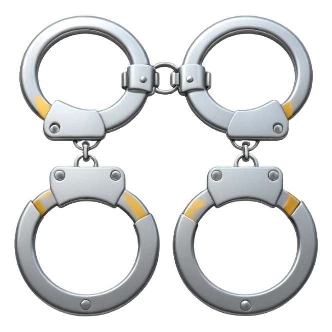 A pair of elegant handcuffs emoji made of silver chrome, smooth rounded design, glossy metallic reflections, luxury fetish aesthetic, minimal iOS emoji style, centered, clean white background sticker