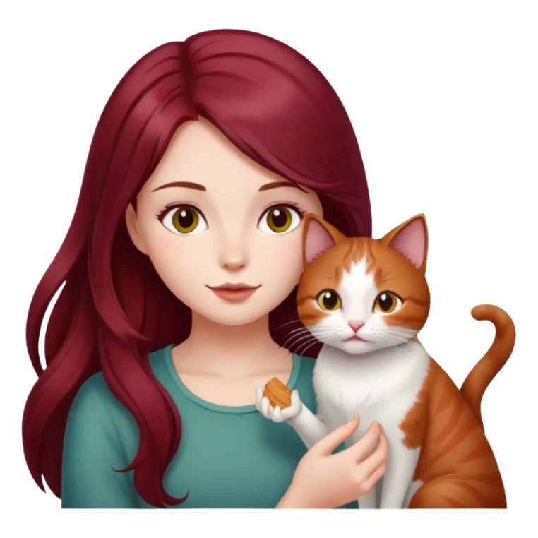 Beautiful, long, burgundy haired girl, feeding cat sticker
