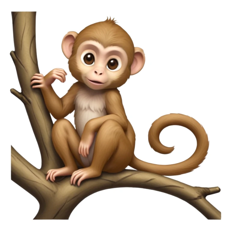 cinematic-cute Macaques-realistic-full-body-sitting-emoji,-slim-agile-frame-poised-on-a-branch,-long-tail-curled-slightly,-head-tilted-dramatically,-warm-brown-fur-soft-and-fluffy,-bright-playful-eyes-exuding-mischief,-simplified-yet-realistic-focused-features,-highly-detailed,-glowing-with-an-almost-sarcastic-glow sticker
