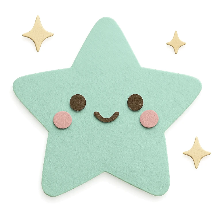 kawaii mint green star with tiny twinkle sparkles around, no arms, no legs, full body, soft pastel kawaii paper craft style sticker