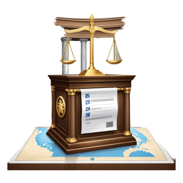 An icon featuring a ballot box with a voting paper, a government building with columns, and a scale of justice, symbolizing political science. The design includes a world map in the background, representing global political systems. Transparent background highlights governance and civic studies. sticker