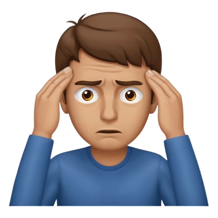  iOS emoji style - A stressed man stands and messages his temples. He has brown hair. Stress sticker