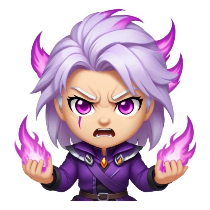 Chibi Sable Ward with rage expression, furious face, glowing purple eyes, white hair with purple streaks, flaming effect around her, angry expression sticker