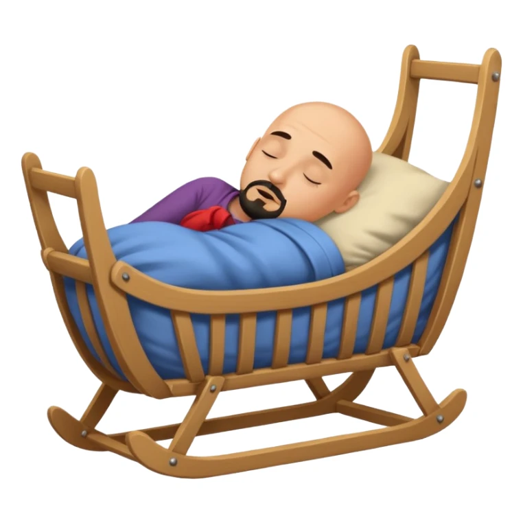 a bald, tan man who has a black goatee sleeping in a cradle sticker