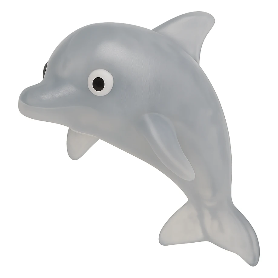 Make the dolphin a natural color (e.g., gray or blue-gray), more transparent and see-through, retro 90's toy style, derpy eyes, no tag, no background, soft plastic, soft reflections, soft and squishy, some cloudiness, not shiny, highly detailed, appealing. sticker