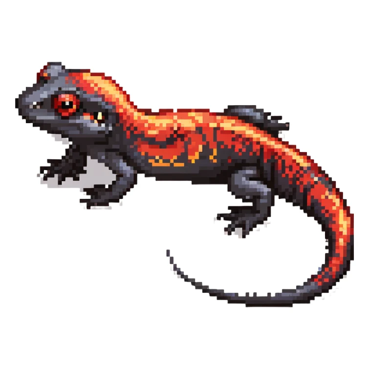 Black salamander with bright red flame-like patterns on its scales, fiery design sticker