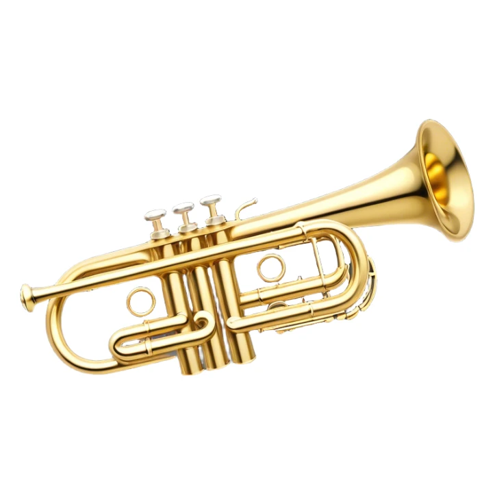 Create a sleek and professional emoji representing a Stomvi trumpet. The design should showcase the shiny, polished brass body of the trumpet with its distinct bell, valves, and tuning slides. Highlight the intricate keywork and the valve pistons, with detailed metallic accents and subtle reflections on the surface. The mouthpiece should be visible at the top of the instrument. Use golden and brass tones with light reflections to emphasize the smooth, high-quality finish. Add a few musical notes floating around the trumpet to evoke its bright and resonant sound. The background should be transparent. sticker