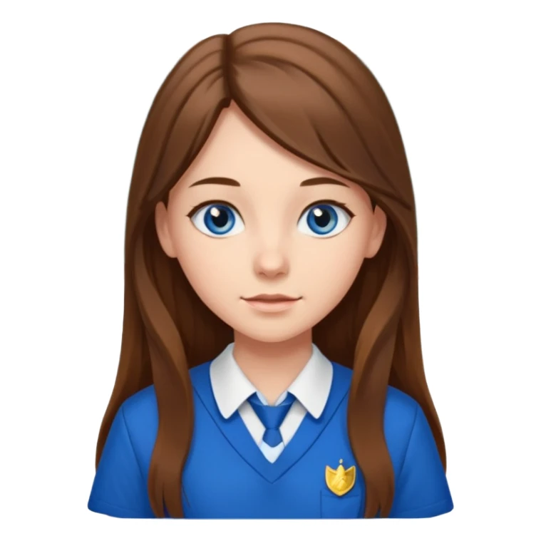 high school class room with a pretty female high school student with long brown hair, blue eyes sticker