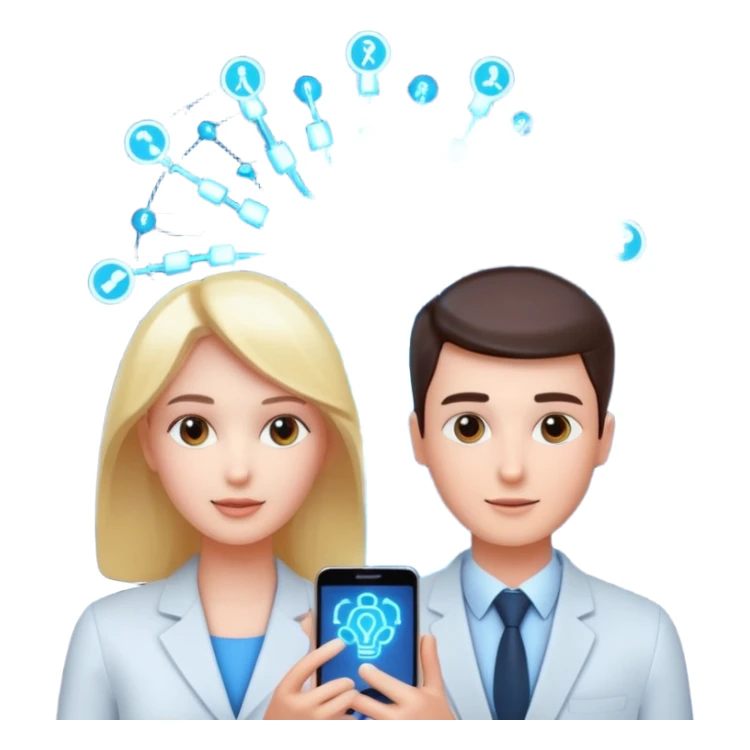 Generate a realistic emoji of a two people using a phone which shows artificial intelligence. Out of the phone is coming 3d ideas and electric symbols  sticker