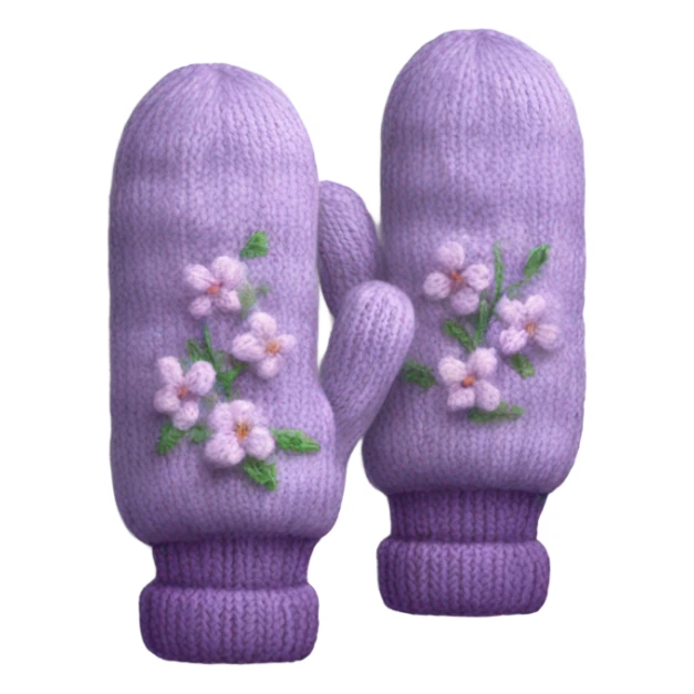 A pair of cozy knitted mittens with a lilac design sticker