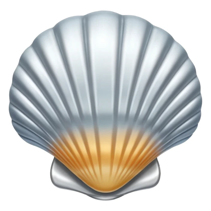 A seashell emoji made of polished silver chrome, smooth curved surface, reflective metallic highlights, elegant minimal design, iOS emoji style, centered, clean white background, soft lighting sticker
