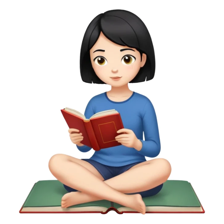 Girl with short hair sitting cross-legged reading an open book sticker