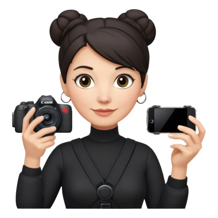 middle aged woman photographer with dark hair in a bun, wearing black clothes, carrying a canon r5 and an iPhone on a gimbal sticker