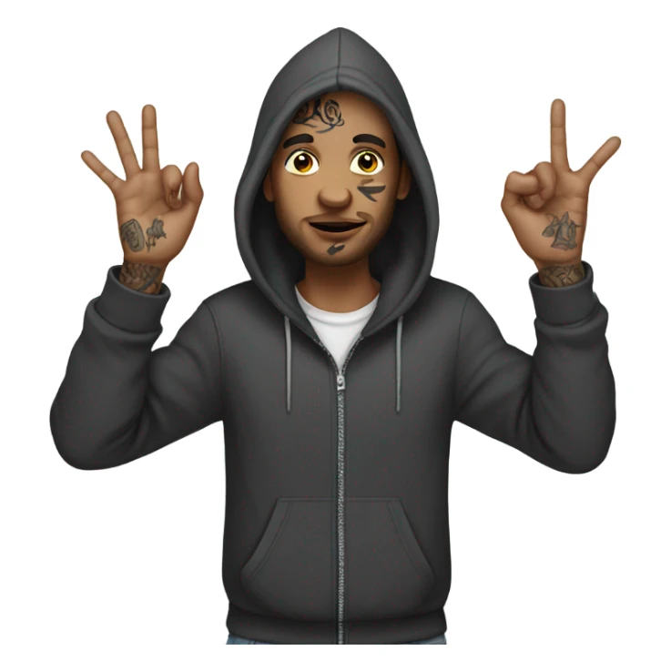 Guy wearing a hoodie holding up 4 fingers up and face tattoos  sticker